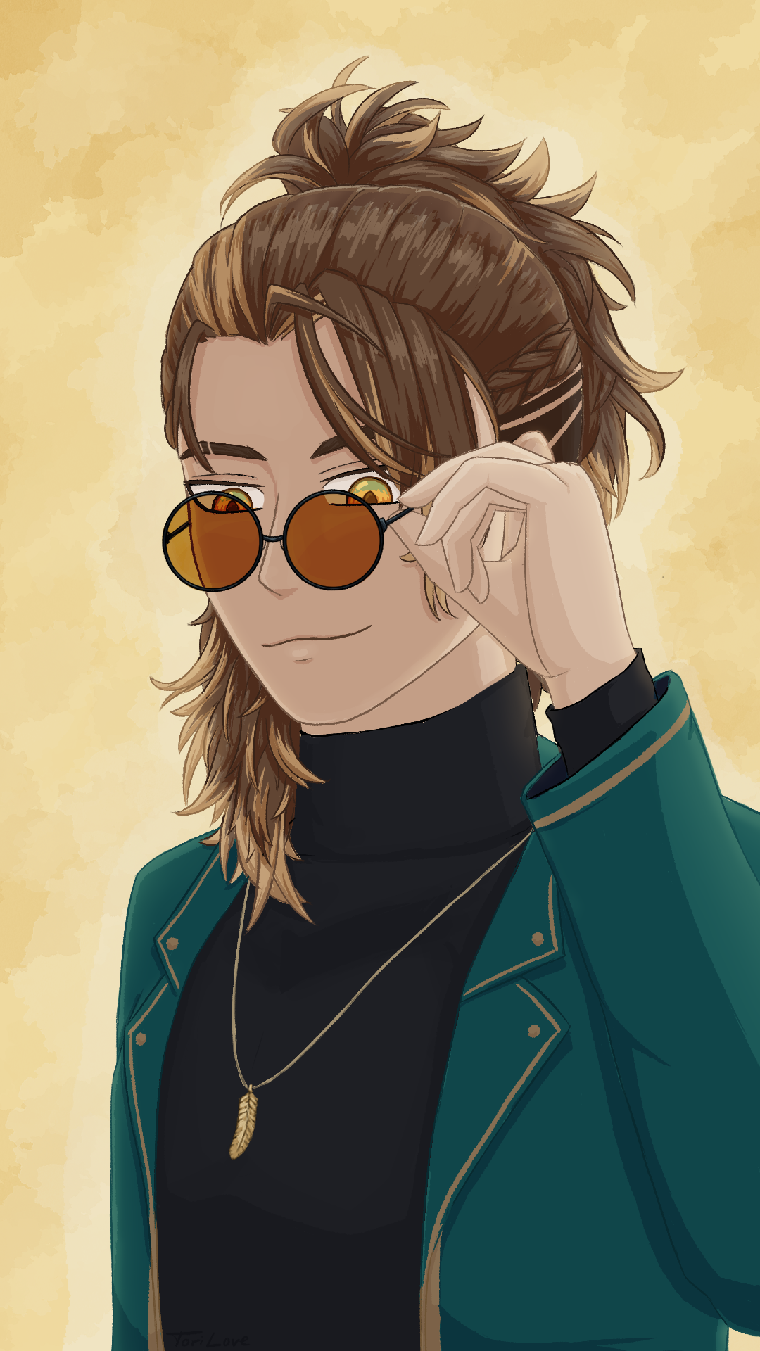 GoldBullet wearing his signature jacket and golden feather necklace with a black turtleneck while adjusting his orange tinted sunglasses as he looks into the viewer’s direction and gives a soft smile.